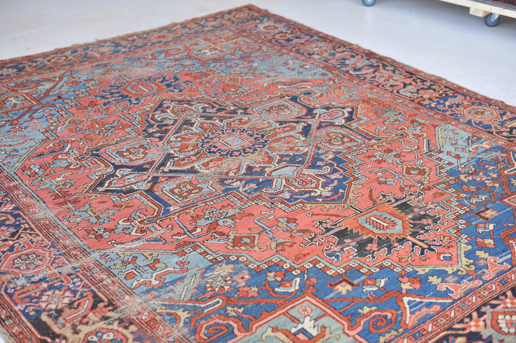 SOLD | SHOW-STOPPING Antique Heriz Rug | "The Most Gorgeous Online"|  Coral, Ice, Denim Tribal Masterpiece, C. 1910 | ~8.9 x 11