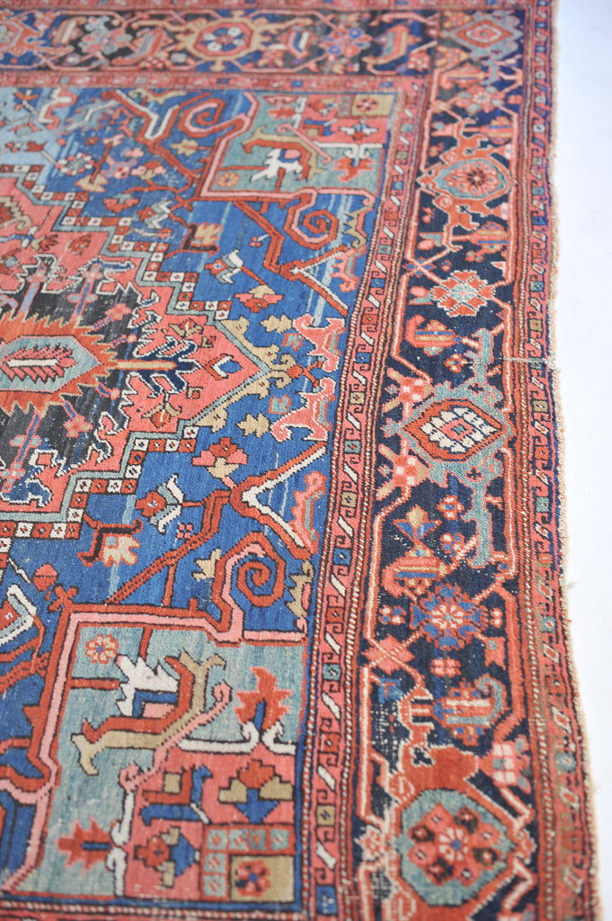 SOLD | SHOW-STOPPING Antique Heriz Rug | "The Most Gorgeous Online"|  Coral, Ice, Denim Tribal Masterpiece, C. 1910 | ~8.9 x 11