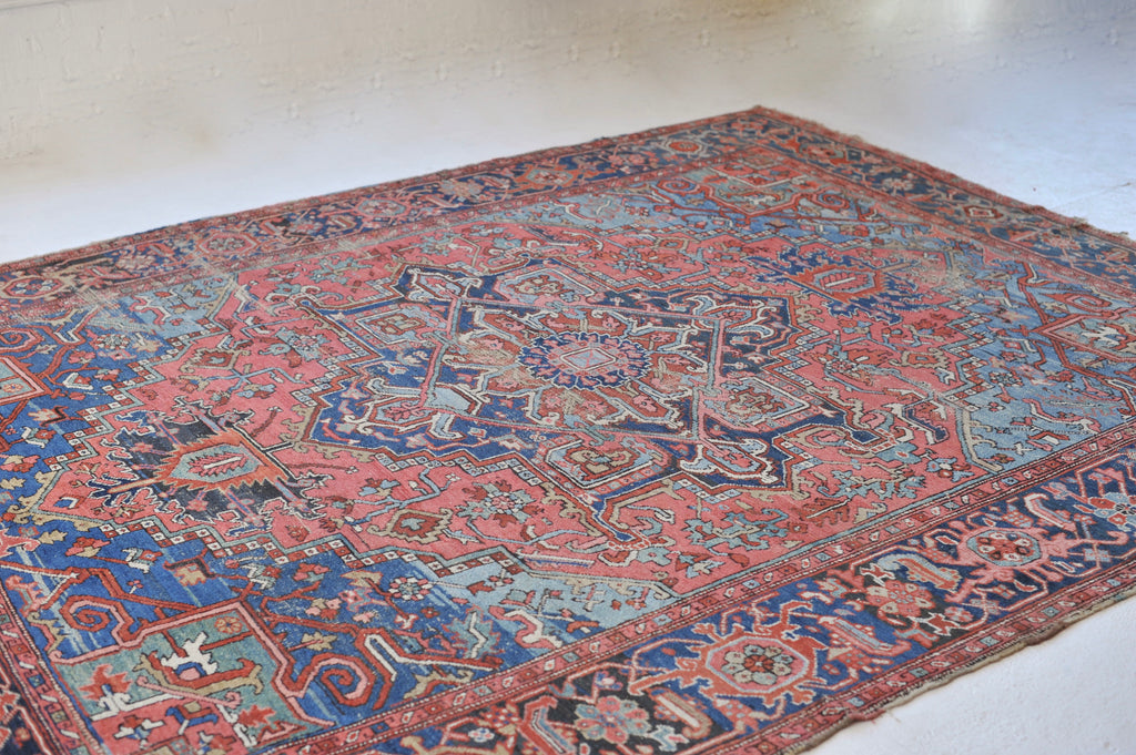 SOLD | SHOW-STOPPING Antique Heriz Rug | "The Most Gorgeous Online"|  Coral, Ice, Denim Tribal Masterpiece, C. 1910 | ~8.9 x 11