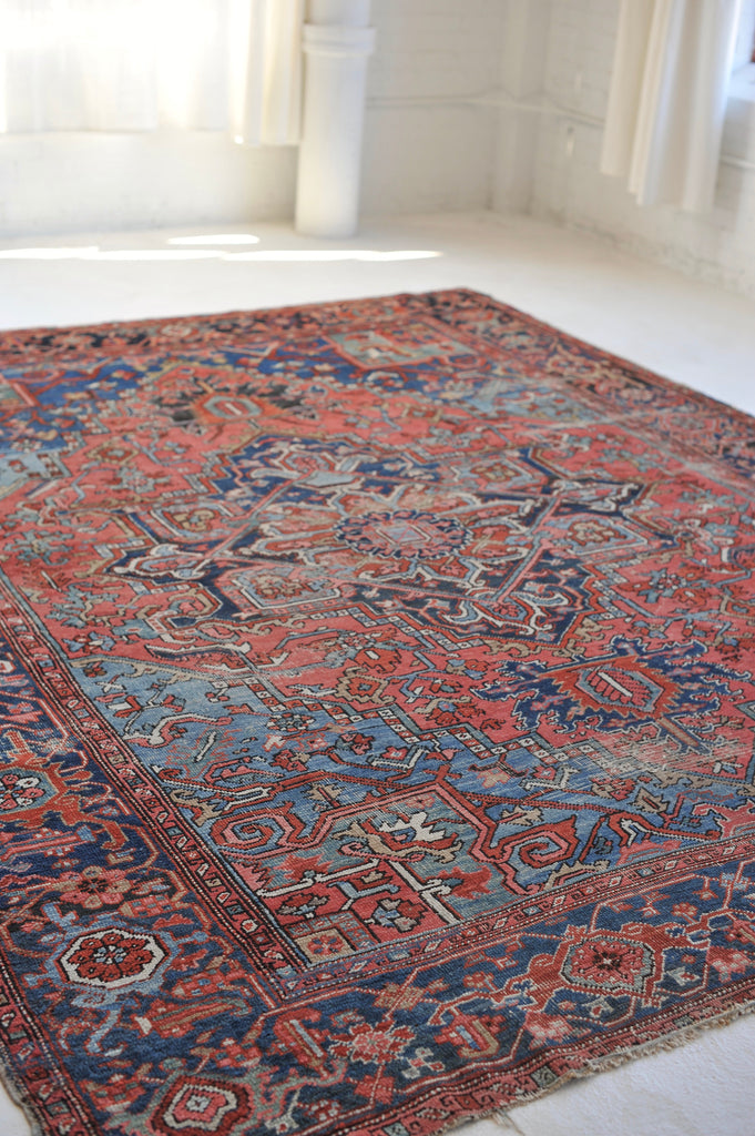 SOLD | SHOW-STOPPING Antique Heriz Rug | "The Most Gorgeous Online"|  Coral, Ice, Denim Tribal Masterpiece, C. 1910 | ~8.9 x 11