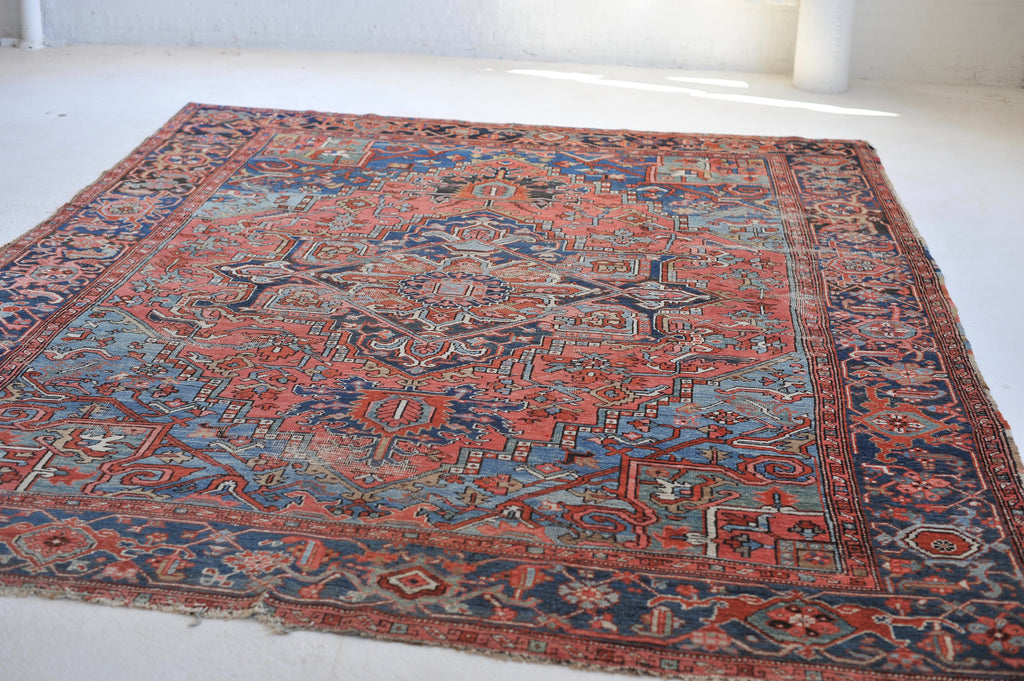 SOLD | SHOW-STOPPING Antique Heriz Rug | "The Most Gorgeous Online"|  Coral, Ice, Denim Tribal Masterpiece, C. 1910 | ~8.9 x 11