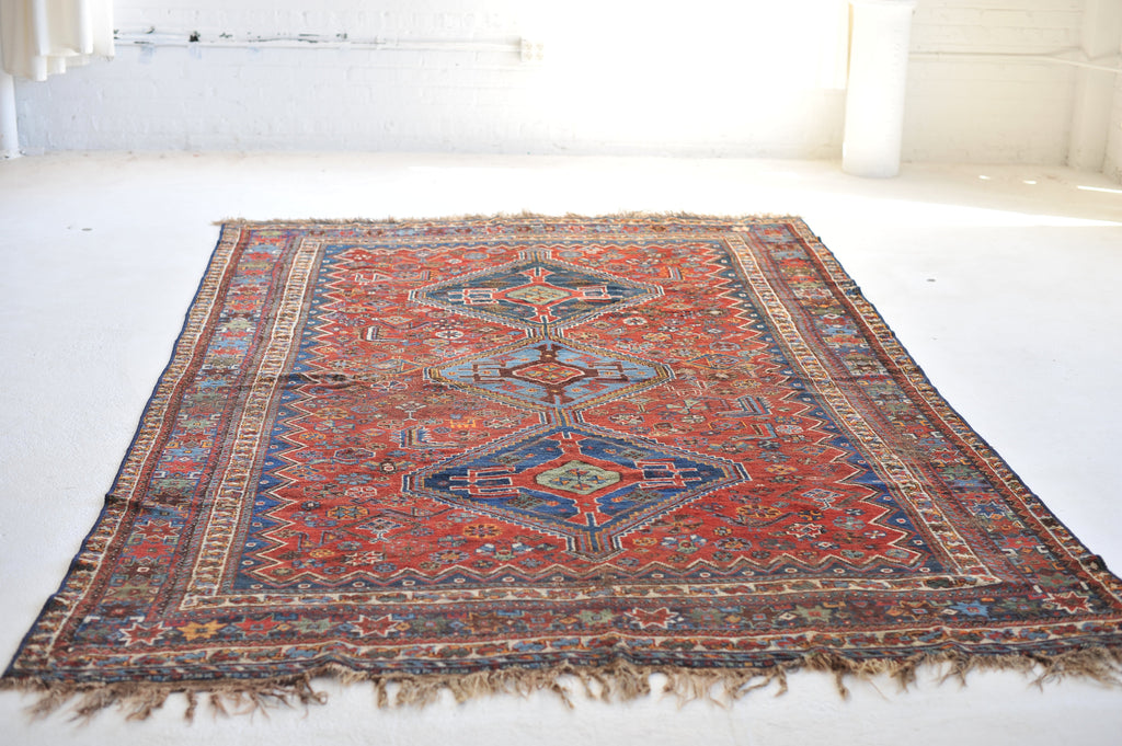 Ancient Antique Rug | Infinitely Soulful Village Rug with Rare Blues & Greens  | 6.9 x 10