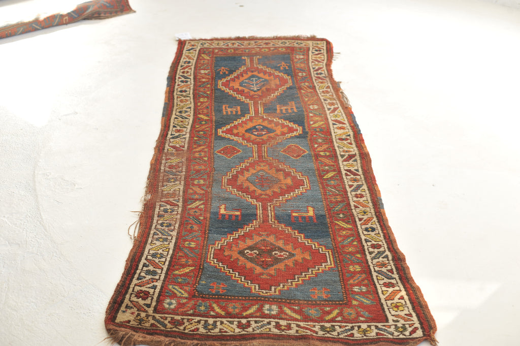 SOULFUL Nomadic Antique Runner | Gorgeous Blue, Terracotta, Red, and Camel Antique Runner | 3.2 x 8.9