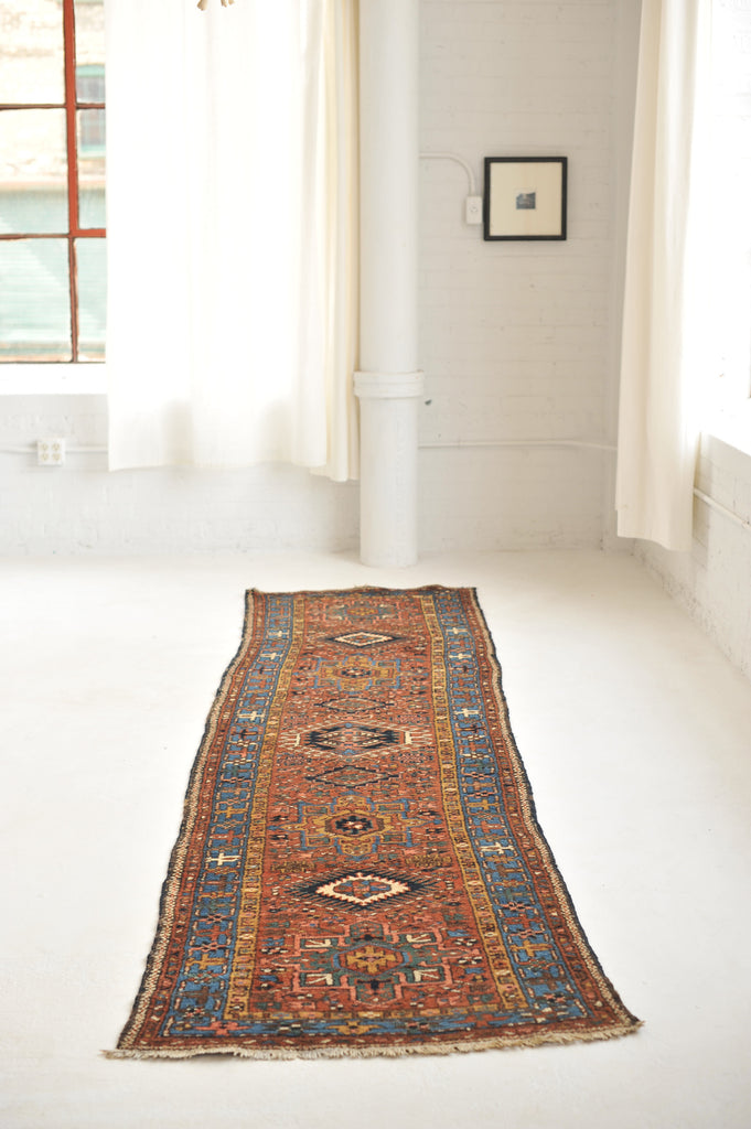 Earthy Antique Runner  | Gorgeous Nomadic Tribal Karaja Runner with Unusual Rust, Clay, Camel and Blue | 2.11 x 11
