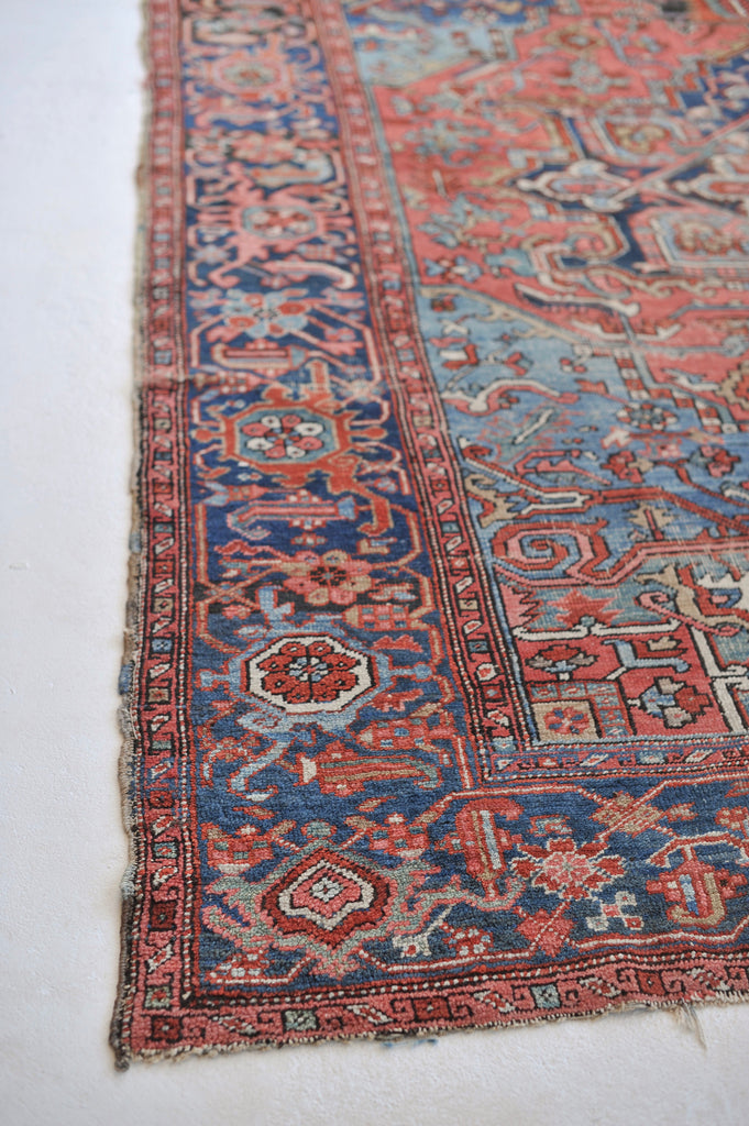 SOLD | SHOW-STOPPING Antique Heriz Rug | "The Most Gorgeous Online"|  Coral, Ice, Denim Tribal Masterpiece, C. 1910 | ~8.9 x 11