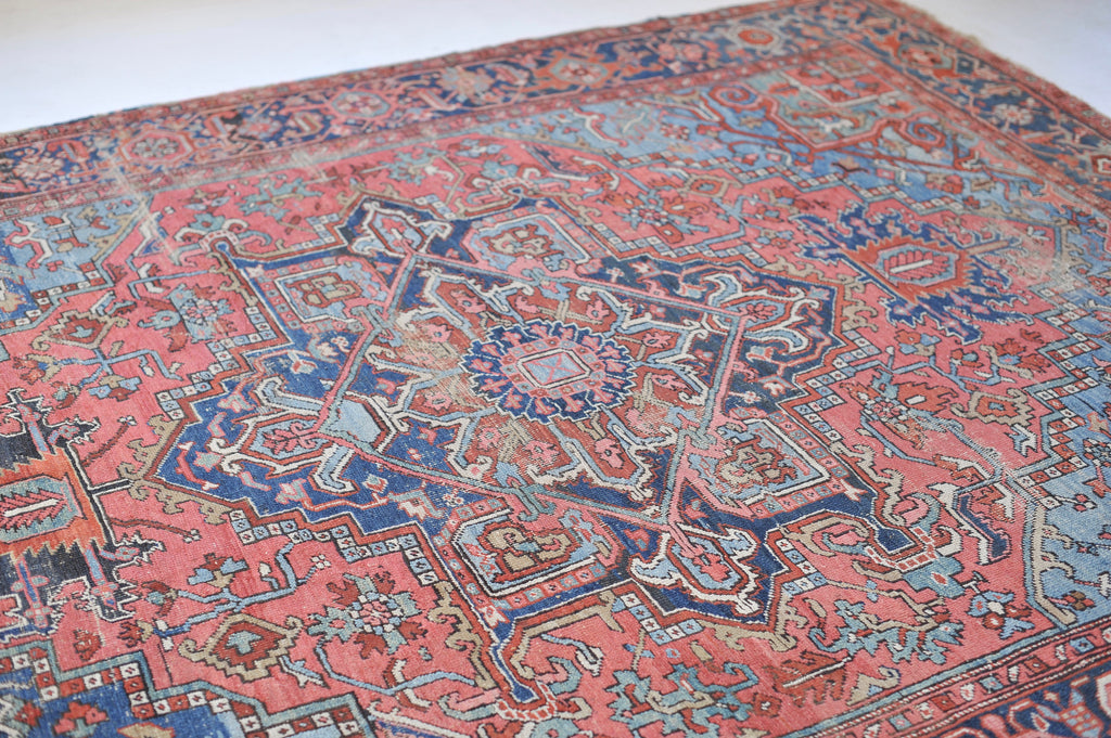 SOLD | SHOW-STOPPING Antique Heriz Rug | "The Most Gorgeous Online"|  Coral, Ice, Denim Tribal Masterpiece, C. 1910 | ~8.9 x 11