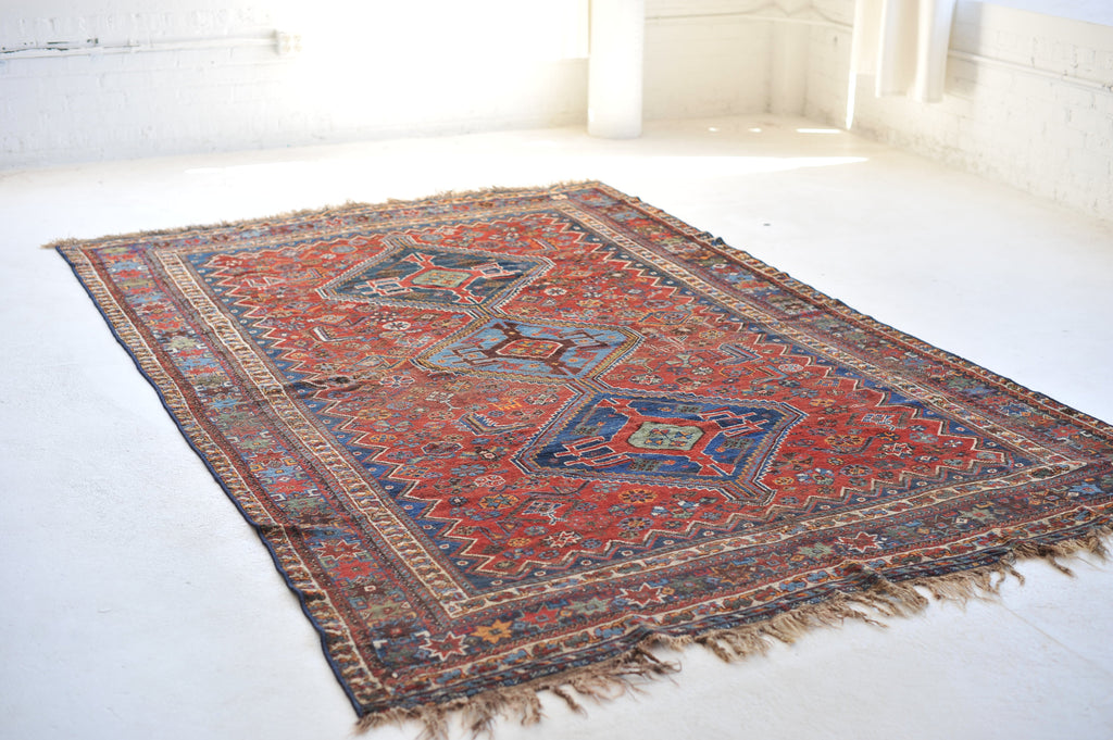 Ancient Antique Rug | Infinitely Soulful Village Rug with Rare Blues & Greens  | 6.9 x 10