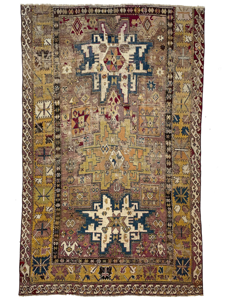 UNBELIEVABLE  Antique Textile | RARE Room Size Leshgi Star with Lavender, Sunflower Yellows, & Blues, WOW ~ 6.9 x 10.9