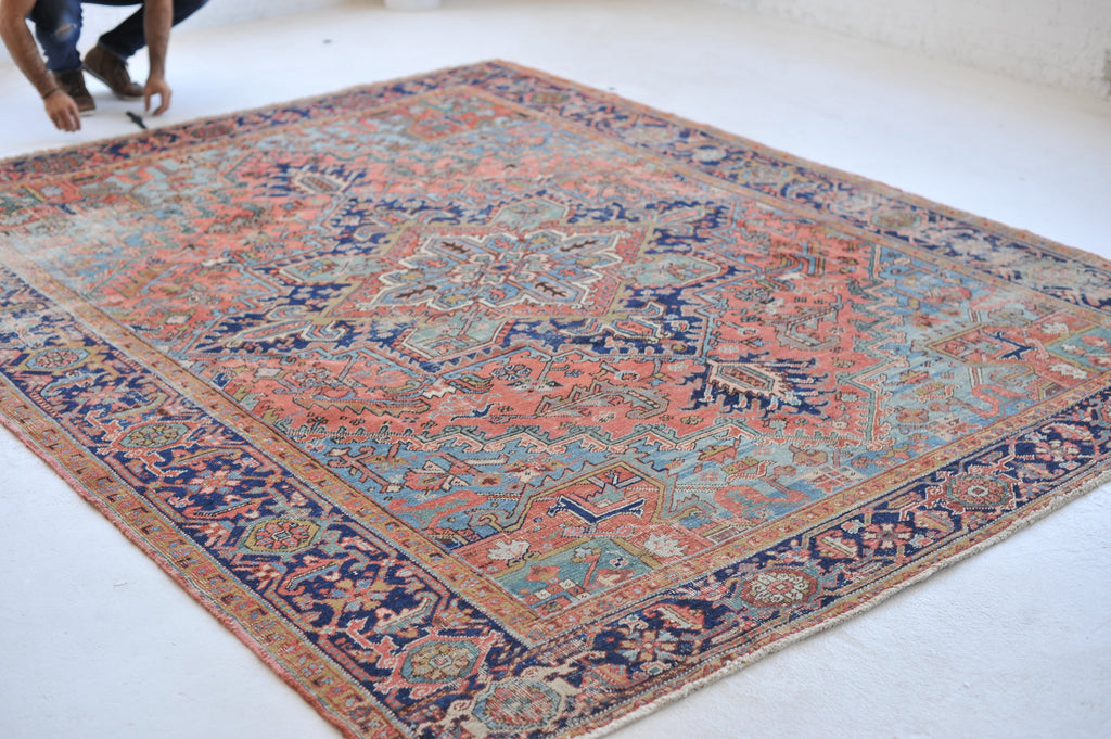 SOLD | DREAMY Antique Rug | Terracotta & Ice Blue Geometric BEAUTY | ~ 8 x 10.6