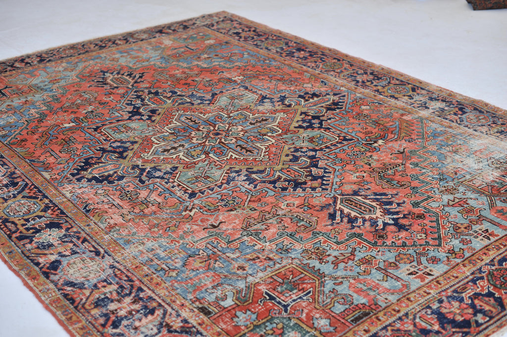 SOLD | DREAMY Antique Rug | Terracotta & Ice Blue Geometric BEAUTY | ~ 8 x 10.6