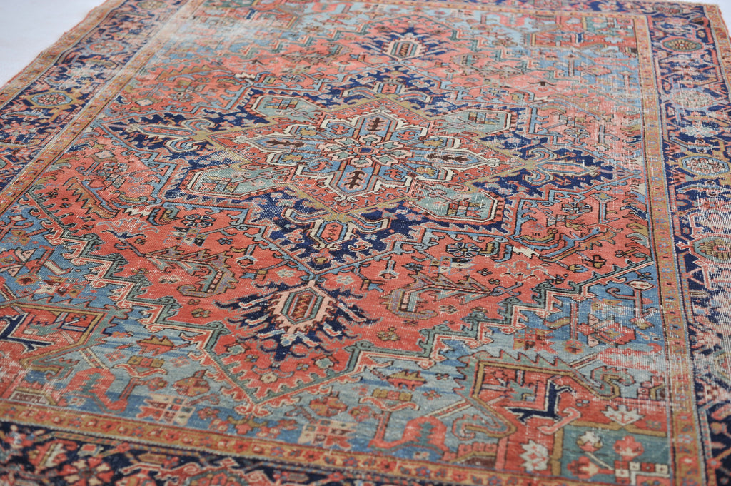 SOLD | DREAMY Antique Rug | Terracotta & Ice Blue Geometric BEAUTY | ~ 8 x 10.6