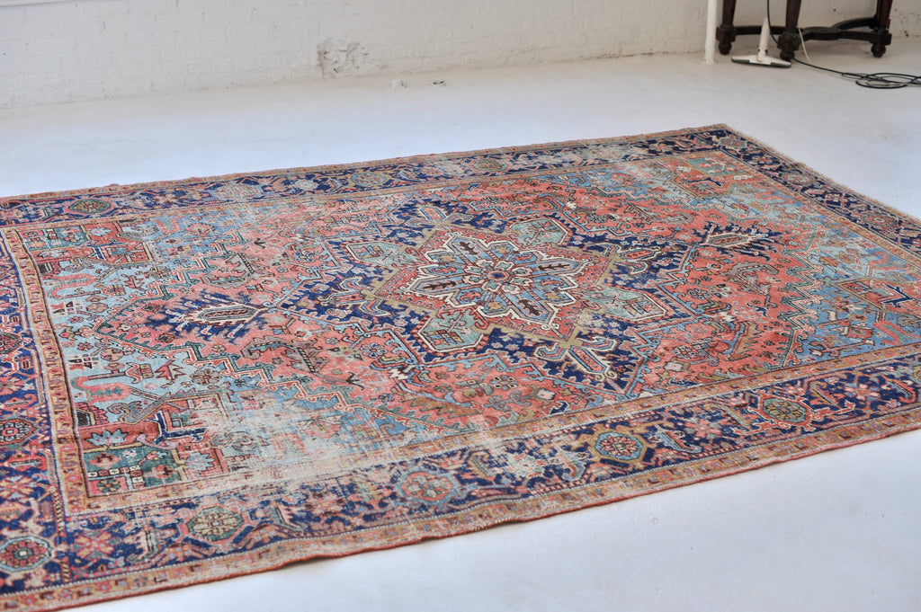 SOLD | DREAMY Antique Rug | Terracotta & Ice Blue Geometric BEAUTY | ~ 8 x 10.6