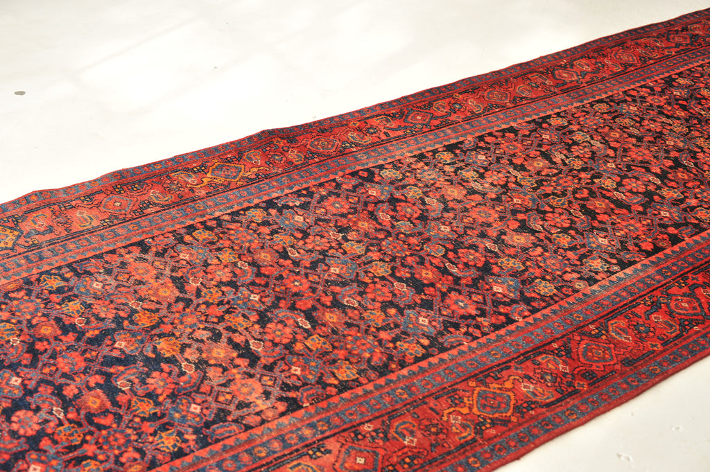 Lovely Vintage Rug | Fruit Punch and Charcoal-Indigo-Black All-over Design Wide Vintage Runner | 4.2 x 13.4