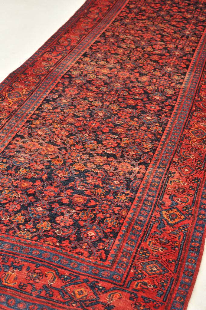 Lovely Vintage Rug | Fruit Punch and Charcoal-Indigo-Black All-over Design Wide Vintage Runner | 4.2 x 13.4