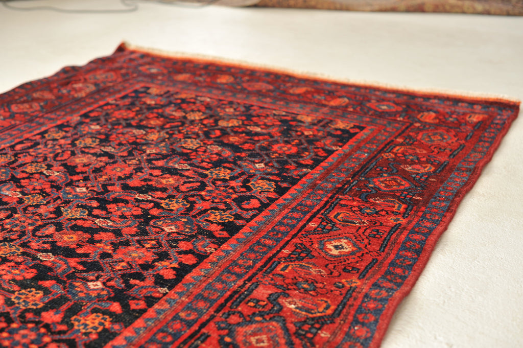 Lovely Vintage Rug | Fruit Punch and Charcoal-Indigo-Black All-over Design Wide Vintage Runner | 4.2 x 13.4