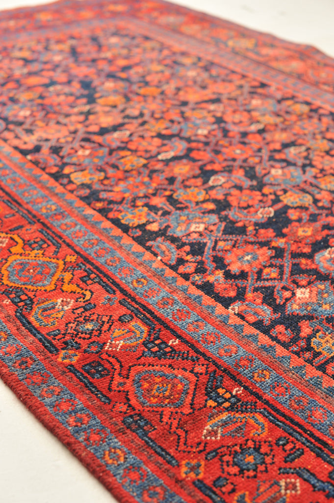 Lovely Vintage Rug | Fruit Punch and Charcoal-Indigo-Black All-over Design Wide Vintage Runner | 4.2 x 13.4