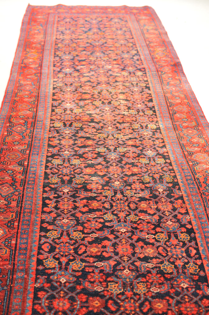 Lovely Vintage Rug | Fruit Punch and Charcoal-Indigo-Black All-over Design Wide Vintage Runner | 4.2 x 13.4
