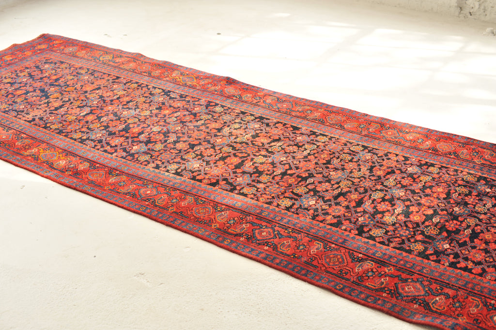 Lovely Vintage Rug | Fruit Punch and Charcoal-Indigo-Black All-over Design Wide Vintage Runner | 4.2 x 13.4