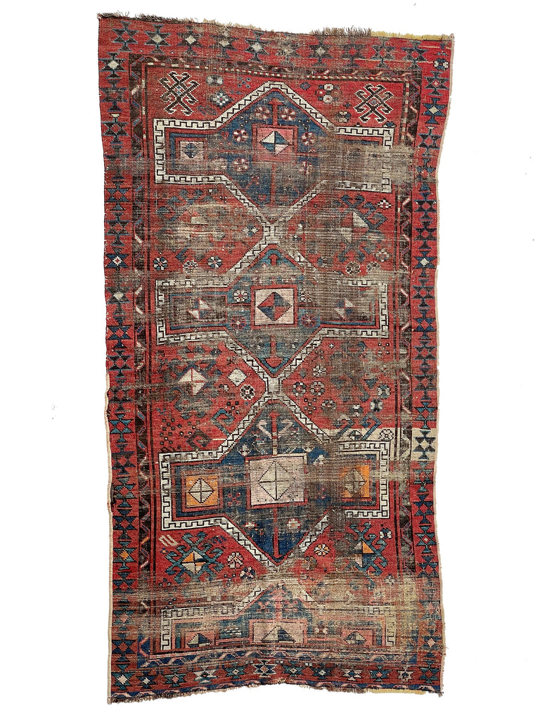 Lovely Antique Turkish Rug | Geometric and Tribal Distressed Antique Rug | 3.7 x 6.6