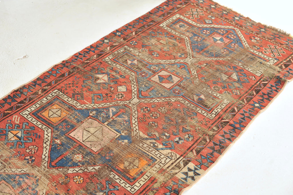 Lovely Antique Turkish Rug | Geometric and Tribal Distressed Antique Rug | 3.7 x 6.6