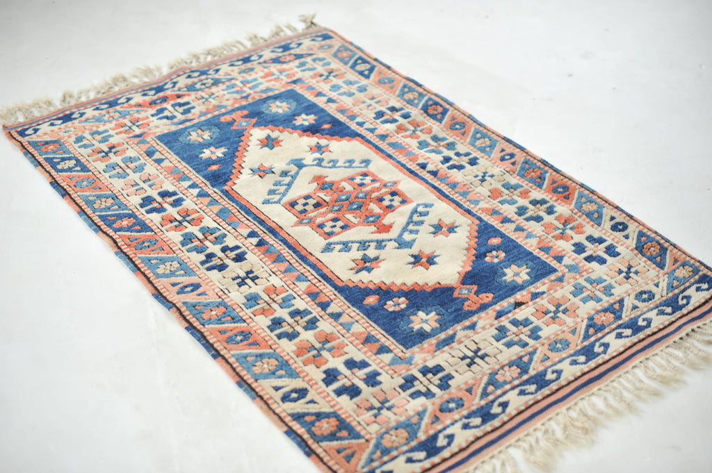Vintage Turkish Navy, Blush, Apricot, Soft Salmon, Beige with Braided Fringe!  3.5 x 5.8