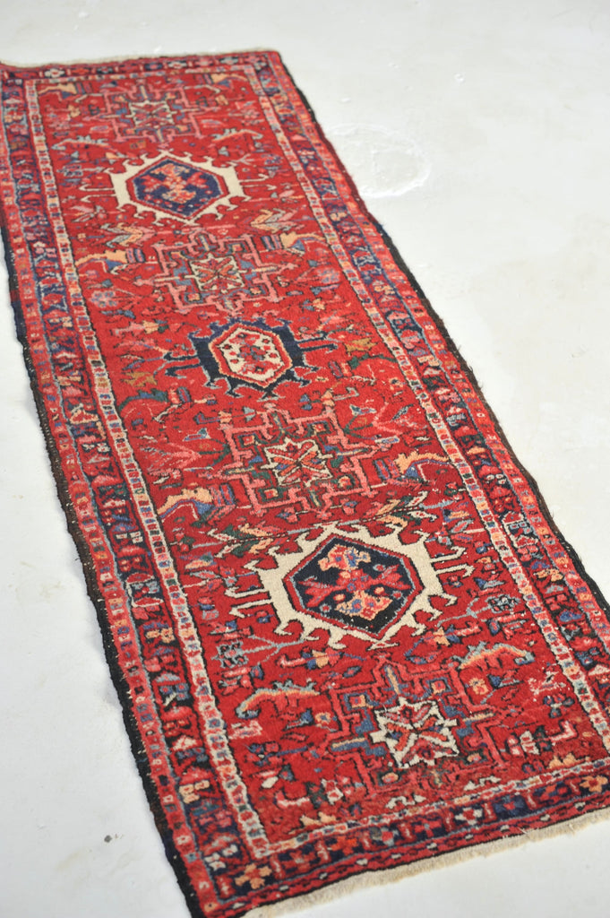Wonderful Narrow Vintage Karaja Runner | Red, Greens, Slate & Denim Blue Vintage Tribal Rug | 2.2 x 5.11