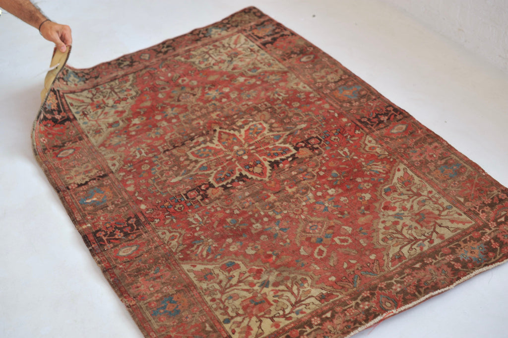 MUTED & FINE Antique Rug | GORGEOUS Old-World Charm Antique Rug with Lamb Wool |  3.6 x 4.11