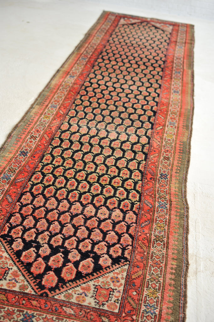 JAW-DROPPING Antique Runner Persian Malayer | Earthy Olive, Crocodile, Pear, & Moss GREEN, Charcoal, Tangerine | 3.7 x 14.9