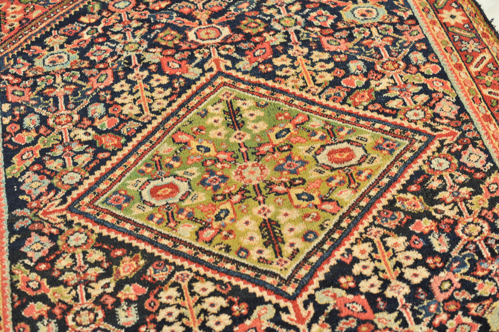 Unique Two-Toned Greens Antique Rug | Navy Lattice Design with Green Medallion | 4.9 x 6.5