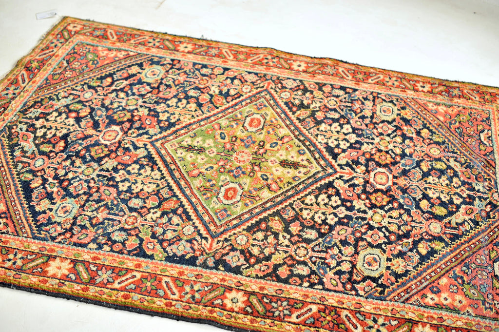 Unique Two-Toned Greens Antique Rug | Navy Lattice Design with Green Medallion | 4.9 x 6.5