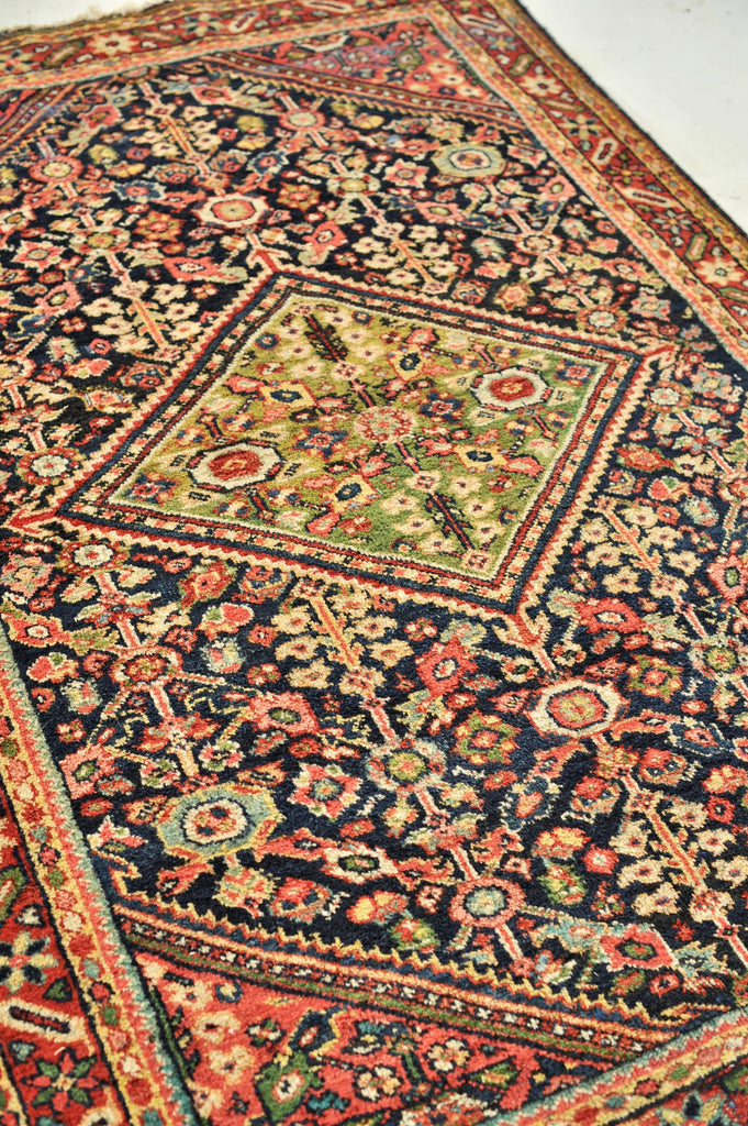Unique Two-Toned Greens Antique Rug | Navy Lattice Design with Green Medallion | 4.9 x 6.5