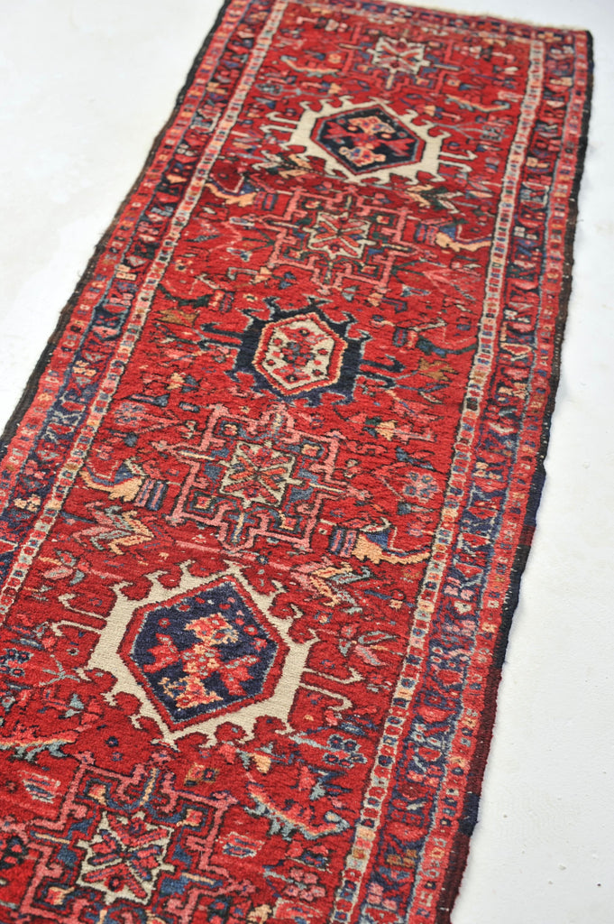 Wonderful Narrow Vintage Karaja Runner | Red, Greens, Slate & Denim Blue Vintage Tribal Rug | 2.2 x 5.11