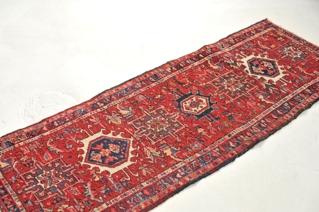 Wonderful Narrow Vintage Karaja Runner | Red, Greens, Slate & Denim Blue Vintage Tribal Rug | 2.2 x 5.11