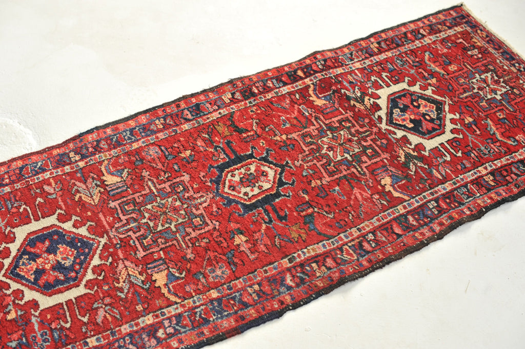 Wonderful Narrow Vintage Karaja Runner | Red, Greens, Slate & Denim Blue Vintage Tribal Rug | 2.2 x 5.11