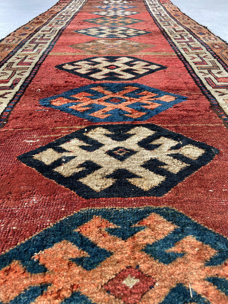 UNIMAGINABLY BEAUTIFUL Antique Kurdish-Kazak Geometric Motifs | Rust, Emerald, Charcoal, Peacock Blue etc | 3.6 x 13