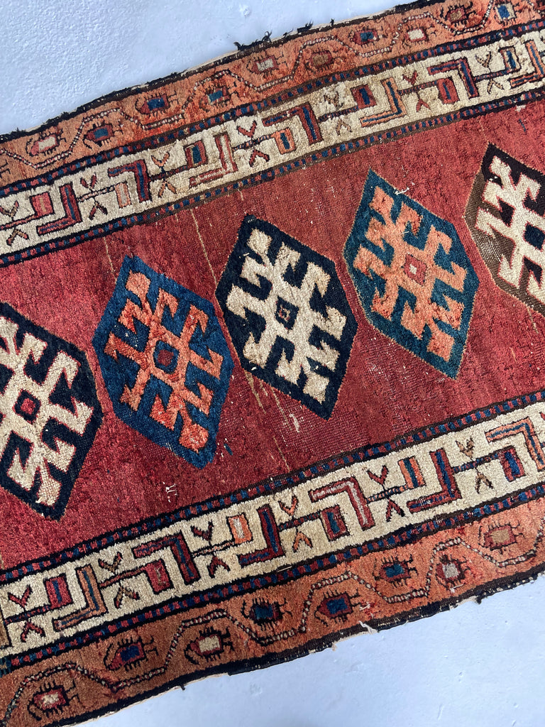 UNIMAGINABLY BEAUTIFUL Antique Kurdish-Kazak Geometric Motifs | Rust, Emerald, Charcoal, Peacock Blue etc | 3.6 x 13