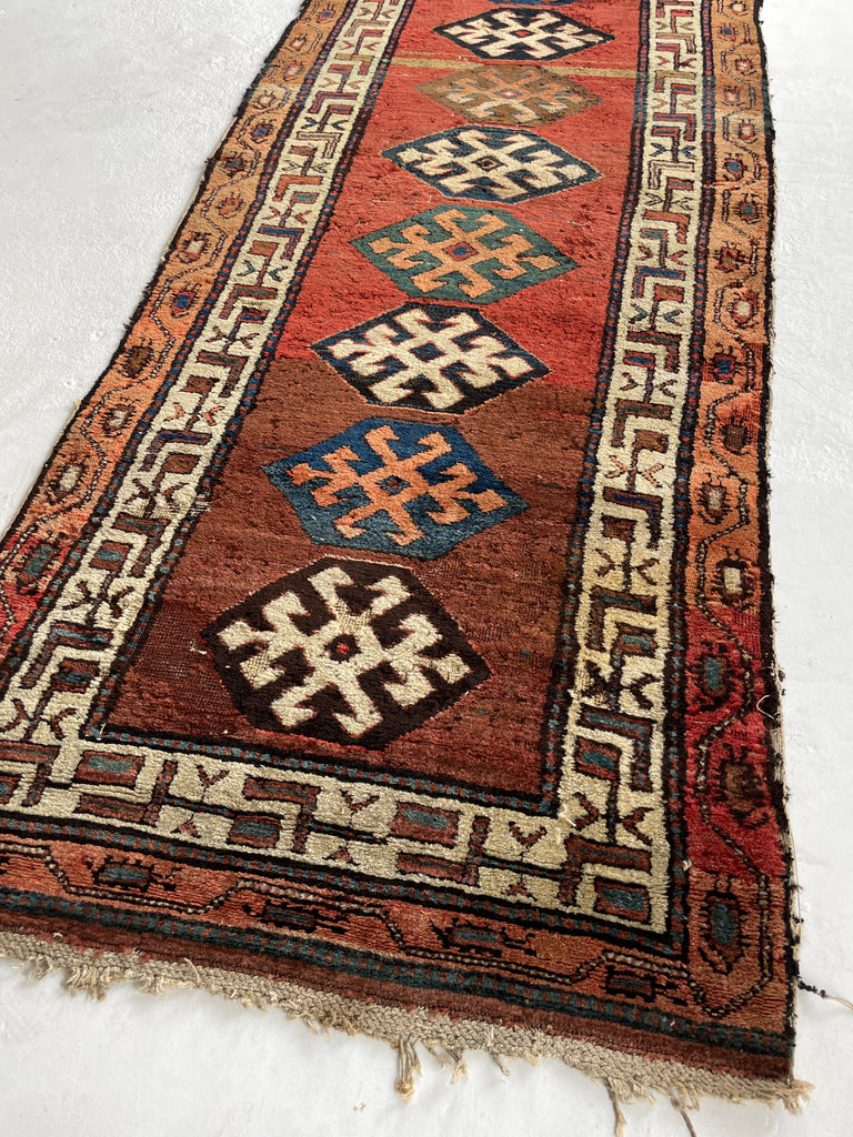 UNIMAGINABLY BEAUTIFUL Antique Kurdish-Kazak Geometric Motifs | Rust, Emerald, Charcoal, Peacock Blue etc | 3.6 x 13