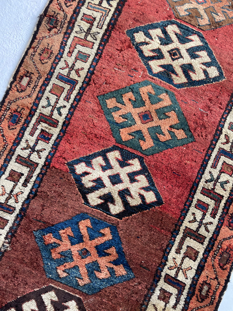 UNIMAGINABLY BEAUTIFUL Antique Kurdish-Kazak Geometric Motifs | Rust, Emerald, Charcoal, Peacock Blue etc | 3.6 x 13