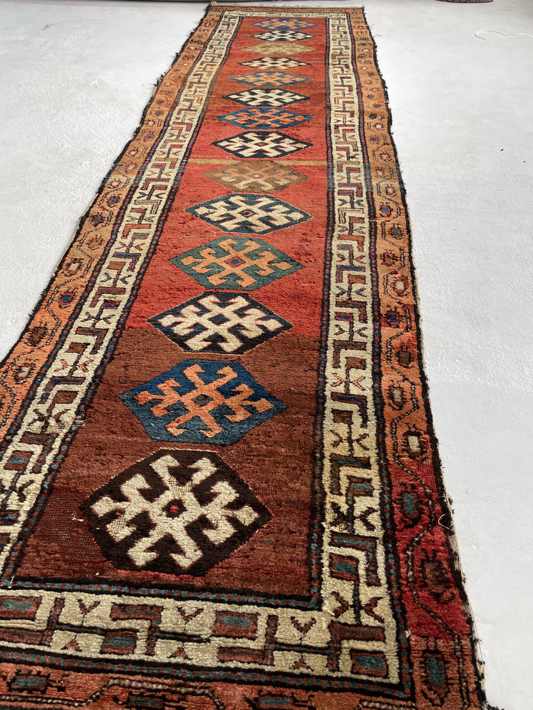 UNIMAGINABLY BEAUTIFUL Antique Kurdish-Kazak Geometric Motifs | Rust, Emerald, Charcoal, Peacock Blue etc | 3.6 x 13
