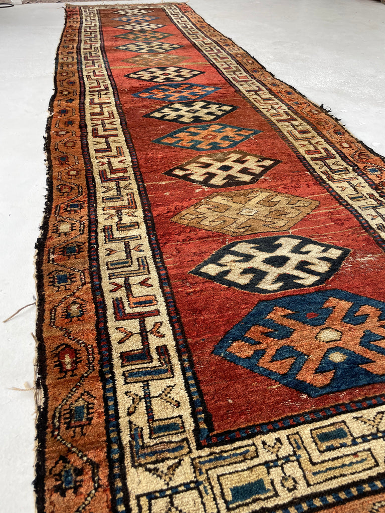 UNIMAGINABLY BEAUTIFUL Antique Kurdish-Kazak Geometric Motifs | Rust, Emerald, Charcoal, Peacock Blue etc | 3.6 x 13