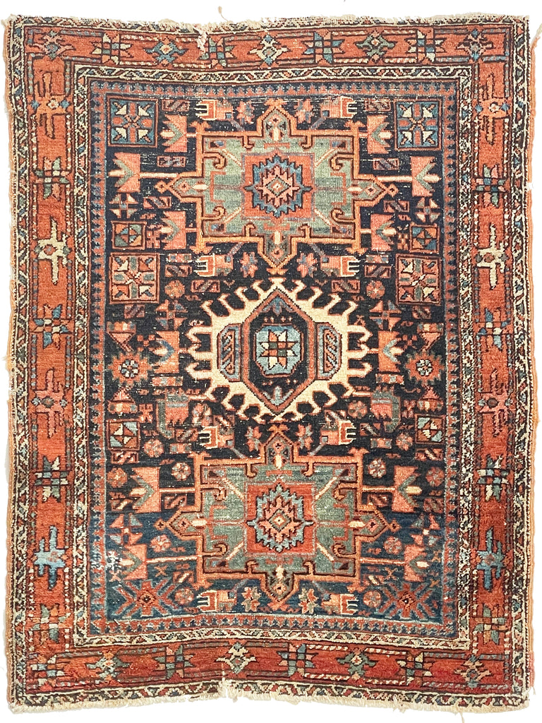 SOLD | DEEP Indigo Antique Persian Karaja rug | Navy with RARE Emerald Green & Terracotta | 3.5 x 4.3