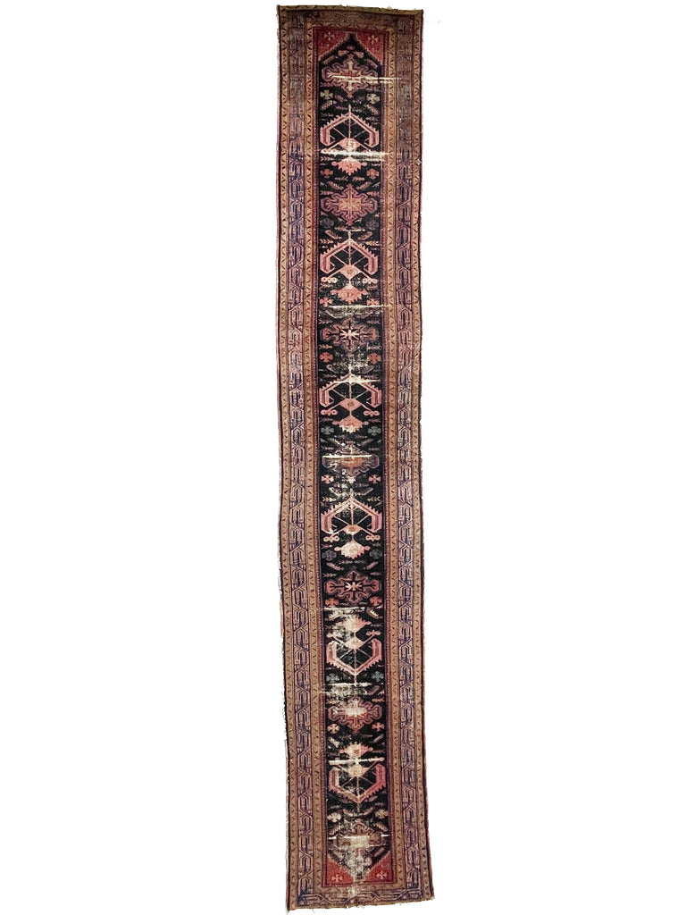 SOLD | GORGEOUS Long & Narrow Distressed Antique Runner | MOODY Navy, Camel & Pink | 2.8 x 16.7