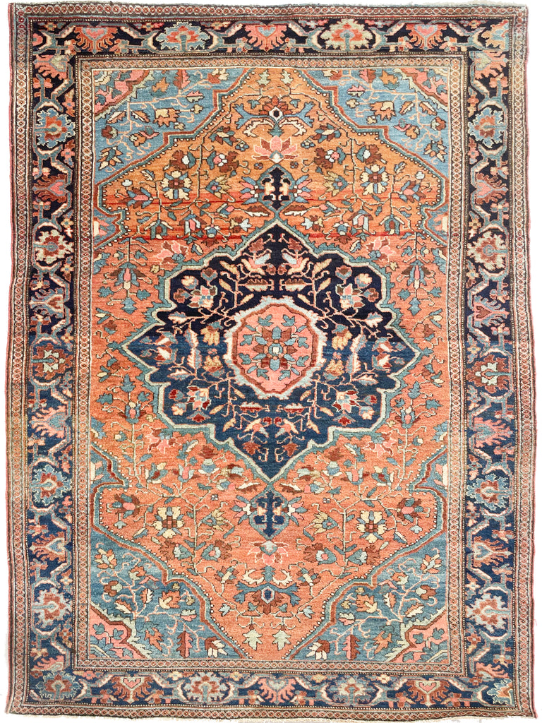 SENSATIONAL Antique Rug | Fine Ferahan-Malayer Terracotta, Ice & Greens | 4.3 x 6.4