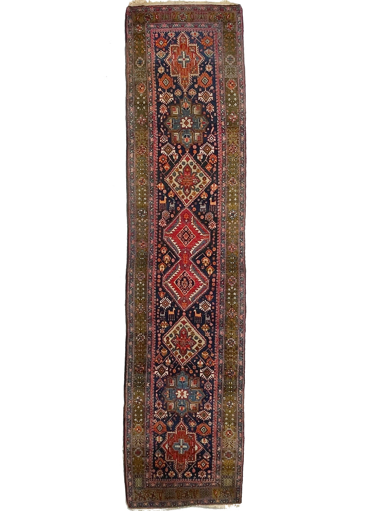 SOLD | UNIQUE Vintage Runner with Olive Green Border and Family of Sheep | Heavy Duty Wool | 3.4 x 14