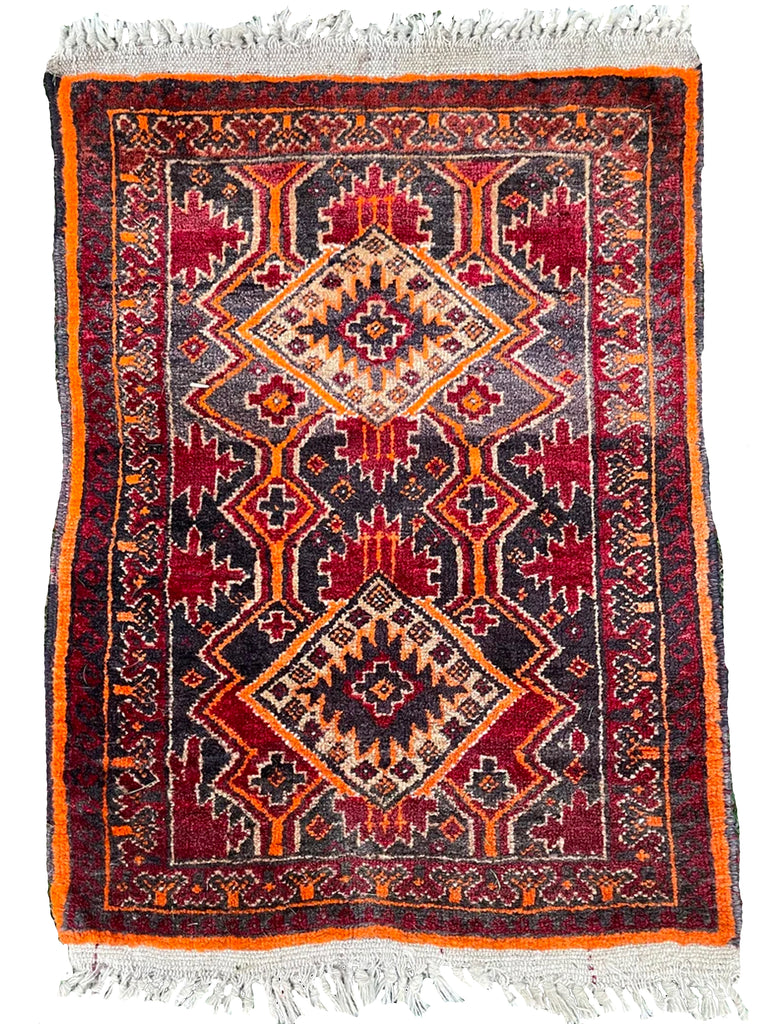 Vintage Rug | Small Vintage Afghan Mat Rug | Charcoal tangerine and cherry | 1.7 x 2.3