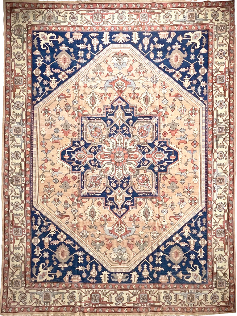 SOLD | ENORMOUS PALACE SIZE Vintage Rug | Northwest Tribal Apricot, Nude, Sage, Olive, Denim, Cobalt | 12.3 x 15.3