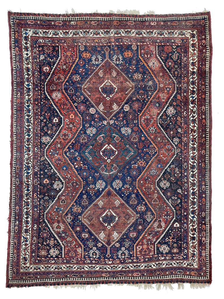 BEAUTIFUL Vintage Shiraz Rug | Copper, Clay, Navy with Deep Emerald Blue-Green Center Medallion | 7.3 x 9.10