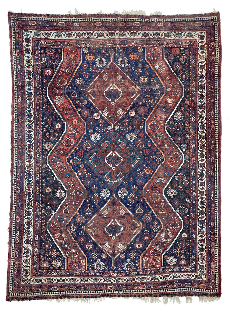 BEAUTIFUL Vintage Rug | Copper, Clay, Navy with Deep Emerald Blue-Green Center Medallion | 7.3 x 9.10