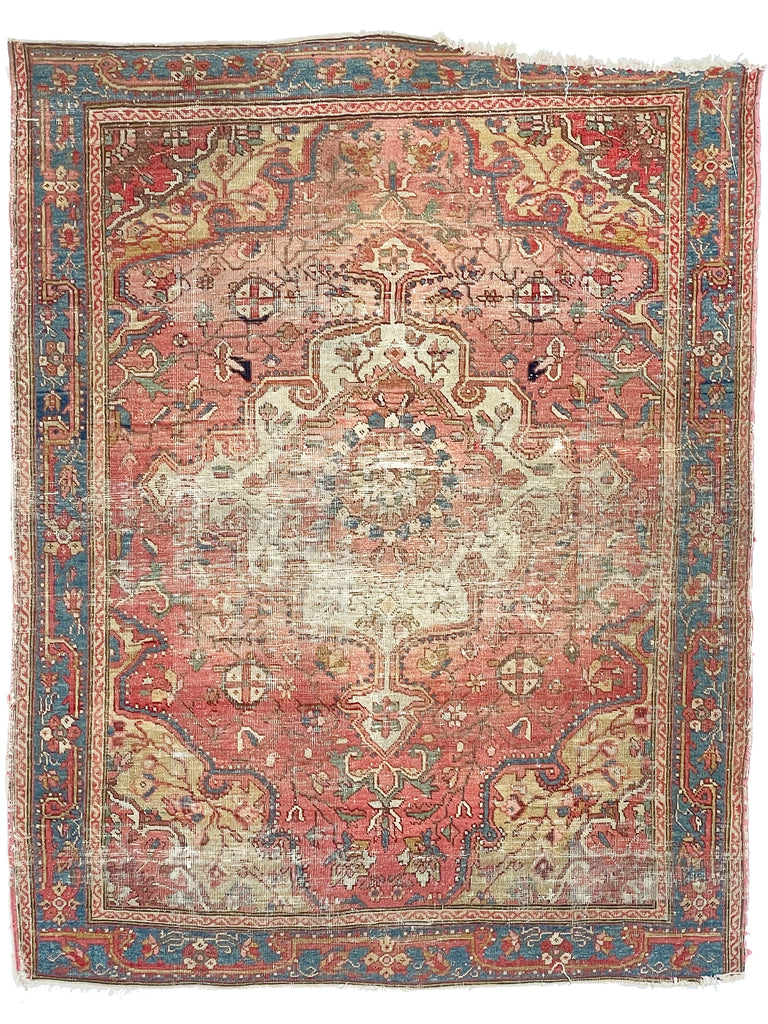 SOLD | SUPER FINE Antique Rug Squarish Size | Camel Corners with Soft Pinks, Rust, Ice Blue & Mint Green | 3.7 x 4.6