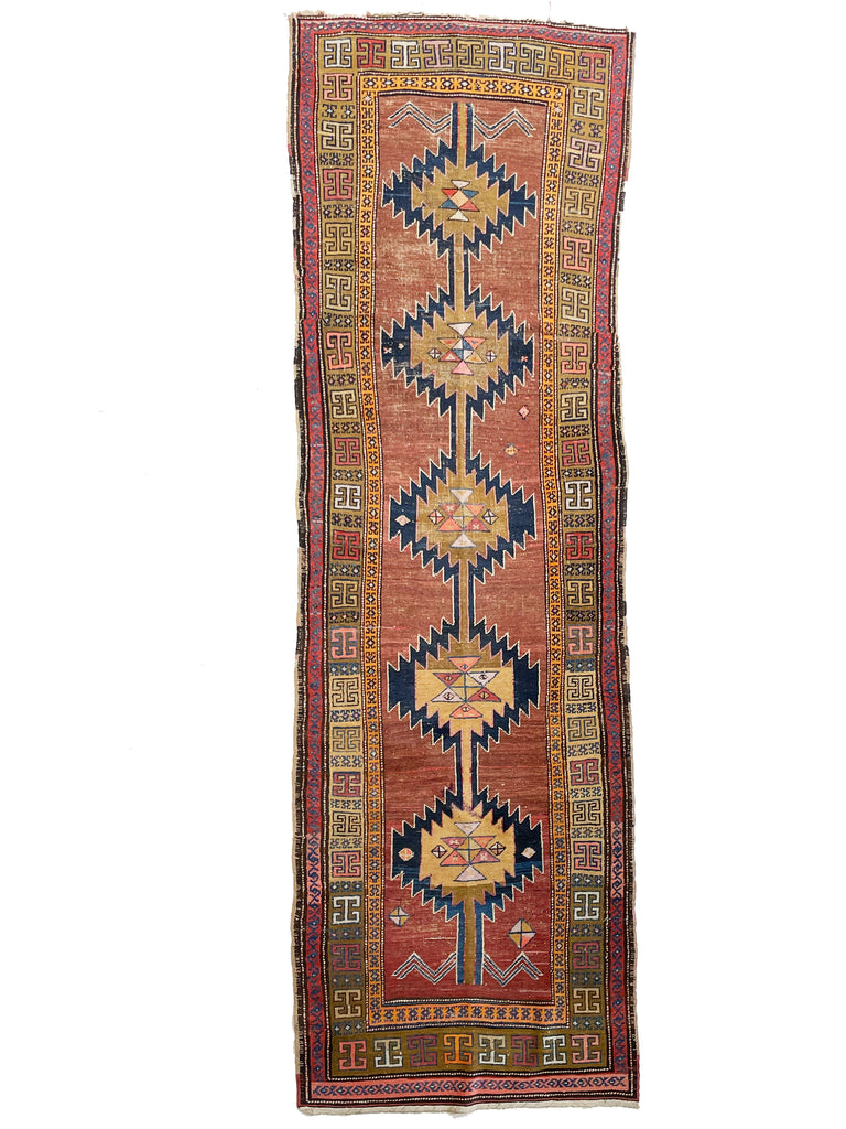 HANDSOME Geometric Antique Runner in Clays, Saffron & Deep Indigo | 3.7 x 11
